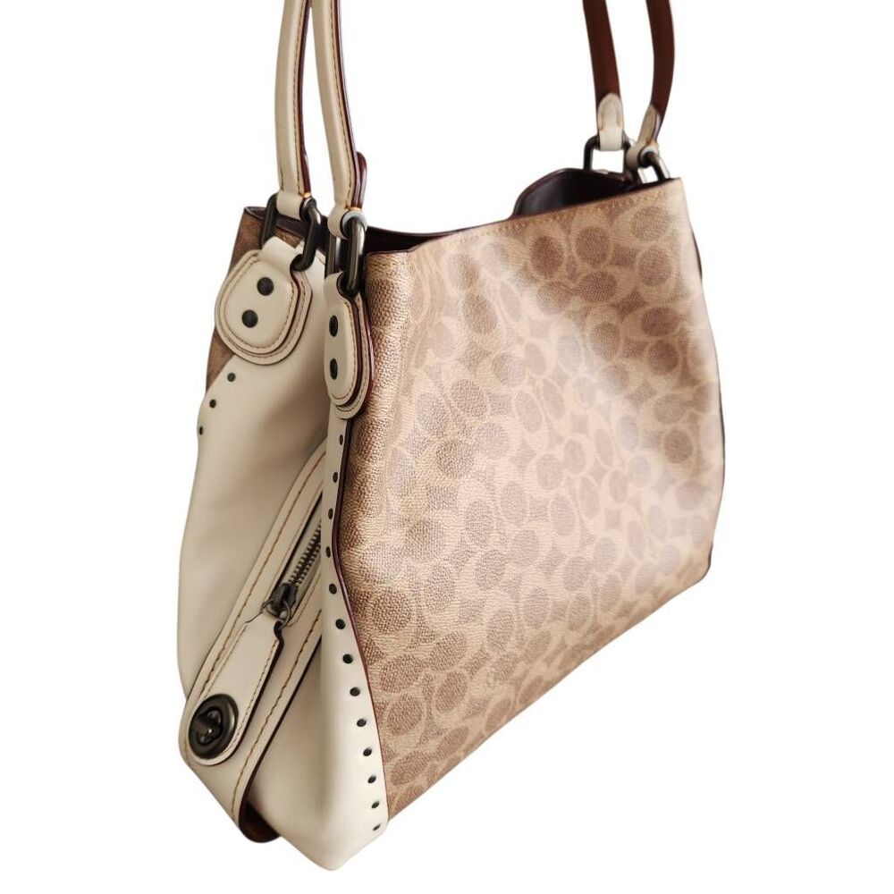 Coach Shoulder Bag Edie Logo Leather Ivory Tan Turn Lock Rustic